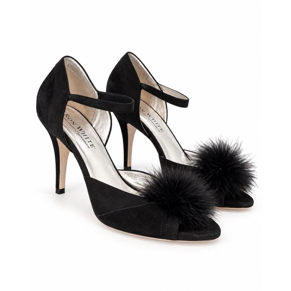 NWOB Ron White Signature Black Suede Feather Pom Pom Ankle Strap Pumps 39.5